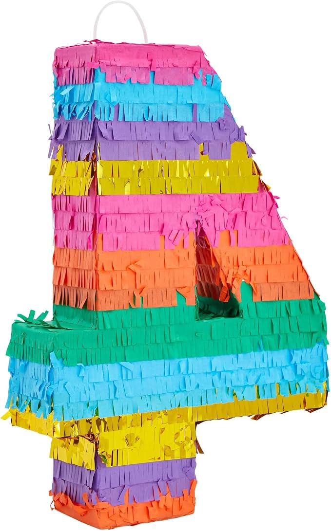 BLUE PANDA Number 4 Pinata - Vibrant Rainbow 4th Birthday Party Decorations | Multicolored Tissue Paper Fiesta Party Supplies | Large 12 x 17 x 3 Inches