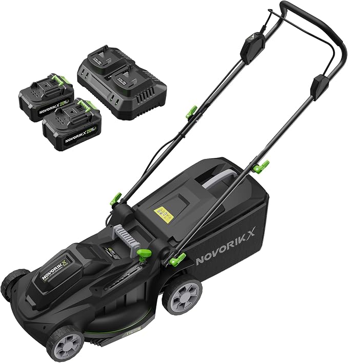 NovorikX 40V 17-Inch Cordless Lawn Mower, Brushless Electric Lawn Mower with Dual 4.0Ah Batteries & Charger, 6 Cutting Heights, 2-in-1 Mulching & Bagging