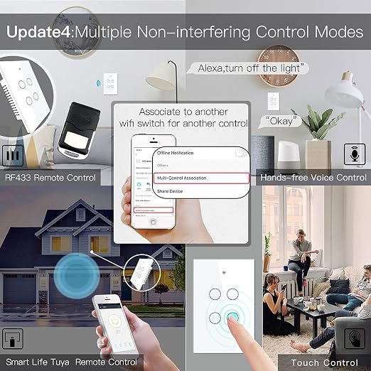 MoesGo WiFi Smart Wall Light Switch,Glass Panel, Multi-Control(3 Way), 2.4GHz Wi-Fi Touch Switches, Neutral Wire Required, Remote Control Smart Life/Tuya App, Work with Alexa, Google Home White 4 Gang