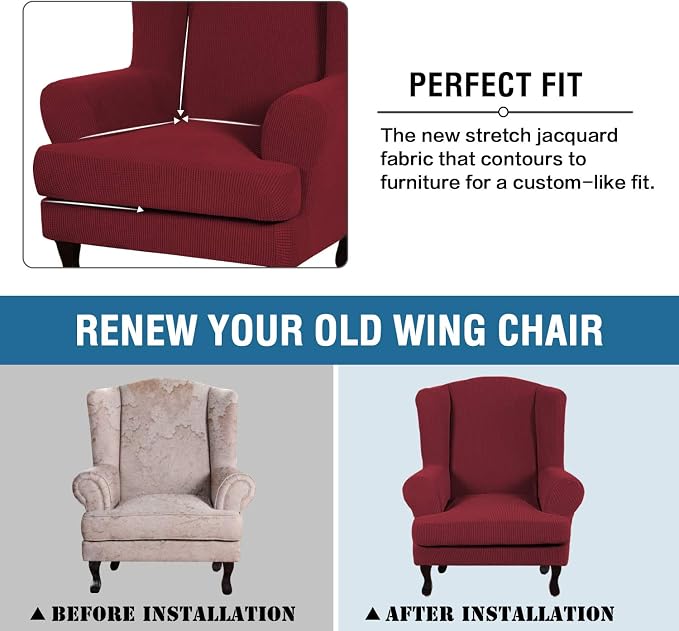 H.VERSAILTEX 2 Piece Stretch Jacquard Wingback Chair Covers Slipcovers Wing Chair Covers (Base Cover Plus Seat Cushion Cover) Furniture Covers for Wingback Chairs, Form Fitted Thick Soft, Burgundy