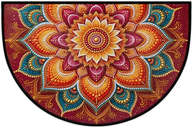 Flower Half Round Door Mat Semi Moon Rug Fireplace Carpet Area Rugs | Colorful Boho Non Slip Absorbent Half Circle Mat Carpet for Indoor Outdoor Patio Kitchen Bathroom Entryway Home Decor