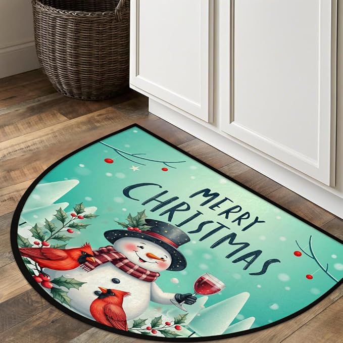 Snowman Half Round Door Mat Semi Moon Rug Fireplace Carpet Area Rugs | Christmas Snowman Non Slip Absorbent Half Circle Mat Carpet for Indoor Outdoor Patio Kitchen Bathroom Entryway Home Decor