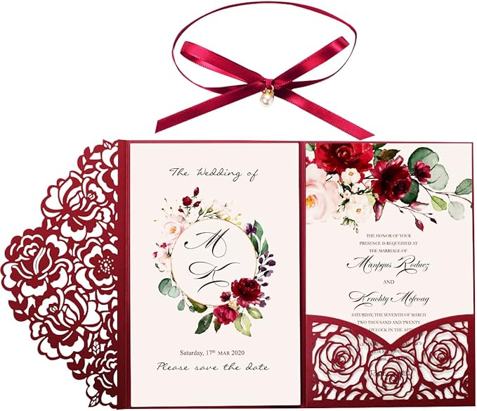 50PCS Burgundy Customized Wedding Invitation with Envelopes Laser Cut Hollow Flora Pocket with Ribbon Invitations for Wedding Engagement Quincenera Invites