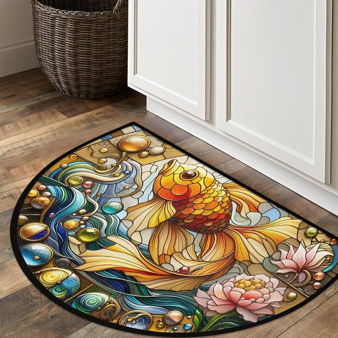 Fish Half Round Door Mat Semi Circle Rug Half Moon Doormat | Soft Washable Glass Lotu Welcome Entrance Mat for Outdoor Indoor Floor Bedroom Bathroom Home Kitchen Festival Decor
