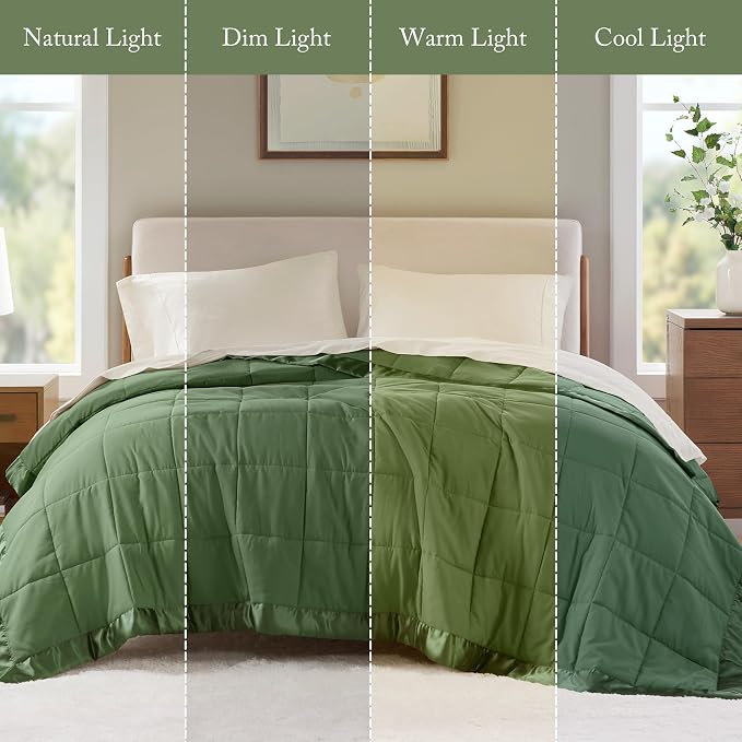 Madison Park Down Alternative King Size Blanket for Bed, Satin Trim, Green | Lightweight Windom Blanket Premium 3M Scotchgard Moisture Wicking Treatment, OEKO TEX, Soft Bed Cover, All Season