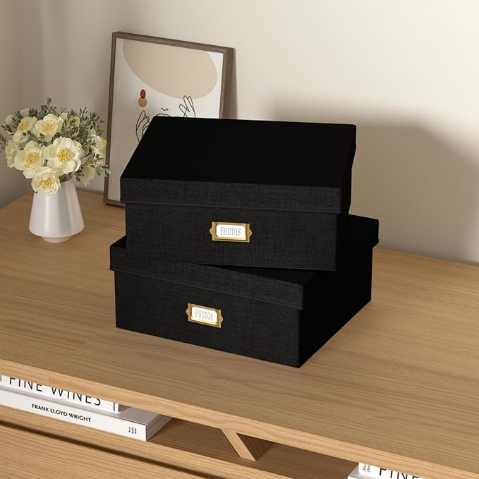 Decorative Photo Storage Box, 2 Pack Linen Photo Box Hold 1700 4x6 Pictures | Photo Storage Containers with 8 Dividers, Memory Keepsake Organizer for Photos, Scrapbook Supplies, Cards, Stamps, Black
