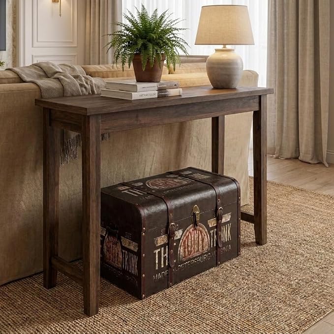Household Essentials Large Decorative Storage Trunk with Vintage Decoupage, Leather and Metal Accents, Green and Black Finish