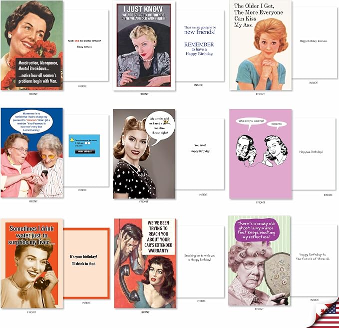 NobleWorks Retro Cards 36 Assorted Funny Birthday Cards Bulk Box Set w/Envelopes, Vintage Adult Humor Greetings Variety Pack for Men and Women (36 Designs, 1 Each) Retro Revelry AC7740BDG-B1x36