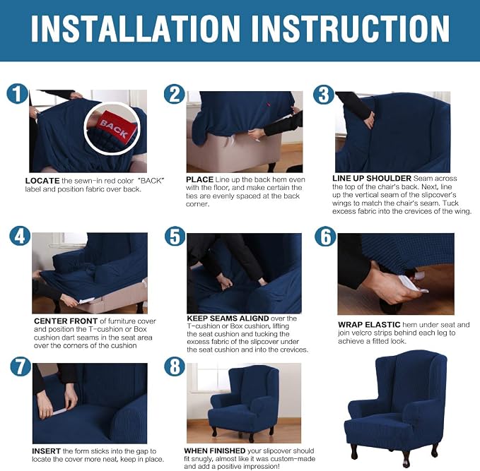 H.VERSAILTEX Wing Chair Slipcover Chair Covers for Wingback Chairs Wingback Chair Covers Slipcovers 1 Piece Stretch Sofa Cover Furniture Protector Soft Spandex Jacquard Checked Pattern, Navy