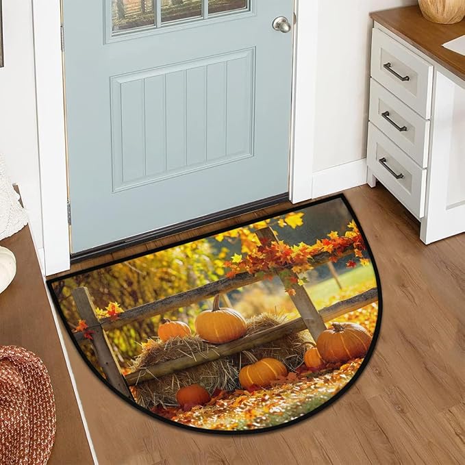 Farm Pumpkin Half Round Door Mat Semi Moon Rug Fireplace Carpet Area Rugs | Fall Farm Pumpkin Non Slip Absorbent Half Circle Mat Carpet for Indoor Outdoor Patio Kitchen Bathroom Entryway Home Decor