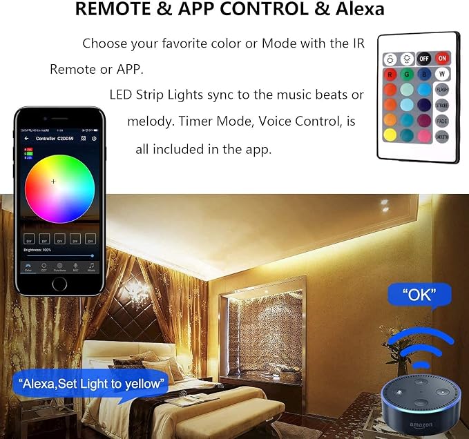 MIHEAL 5050 Black PCB RGB WiFi Smart LED Strip 32.8Ft 300LED Waterproof Kit | App & voice control lighting with music mode, UL Listed DC12V adapter, works with iOS & Android indoor decor