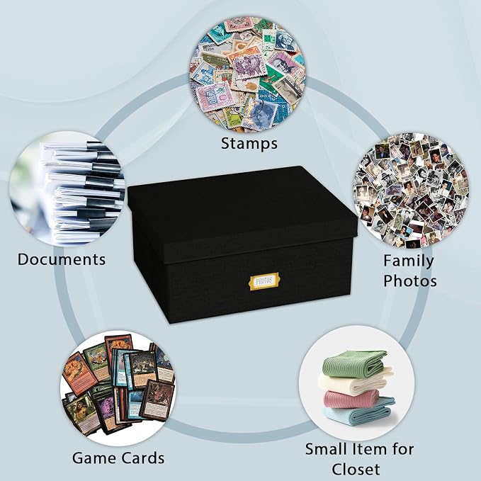 Decorative Photo Storage Box, Linen Photo Box Holds 1700 5x7 Pictures Black | Photo Storage Containers with 8 Dividers, Memory Keepsake Organizer for Photos, Scrapbook Supplies, Cards, Stamps,Archive Box