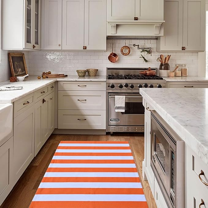 CAINANEL Fall Outdoor Rug Orange and White Striepd Rug 3' x 5' Front Door Mat Halloween Thanksgiving Fall Autumn Home Decor, Layerd Welcome Doormat for Front Porch Decor, Front Door, Farmhouse Decor
