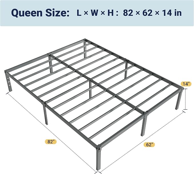 Allewie Queen Bed Frame, 14 inch Metal Beds with Storage Space, Grey | Heavy-Duty Metal Platform Beds, Large Under-Bed Storage Space, No Box Spring Needed, Easy Assembly