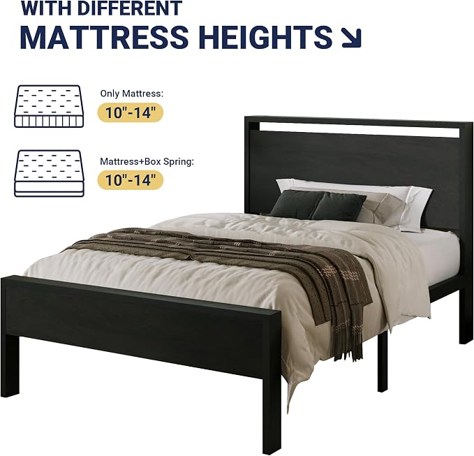 Allewie Twin Size Bed Frame, Heavy Duty 12 Metal Slats Support, Black Oak | Wooden Headboard and Footboard, Modern Platform Bed, No Box Spring Needed, Under-Bed Storage, Noise Free, Easy Assembly