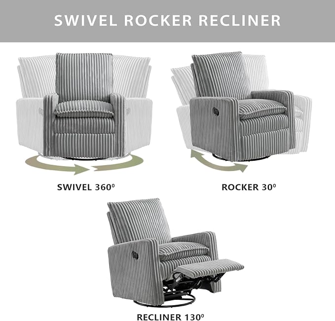 Oxford Baby Uptown Upholstered Glider Recliner Rocking Chair 360° Swivel for Nursery and Living Room - Corduroy Ash Gray, Green Guard Gold Certified