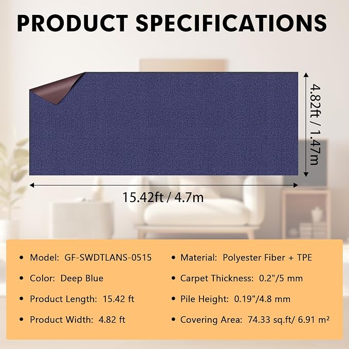 Grefinity Marine Carpet,5 FT x 15 FT Deep Blue Indoor Outdoor Carpet 0.2" Thick Boat Rug with Water-Proof TPE Backing for Home, Patio, Porch, Deck