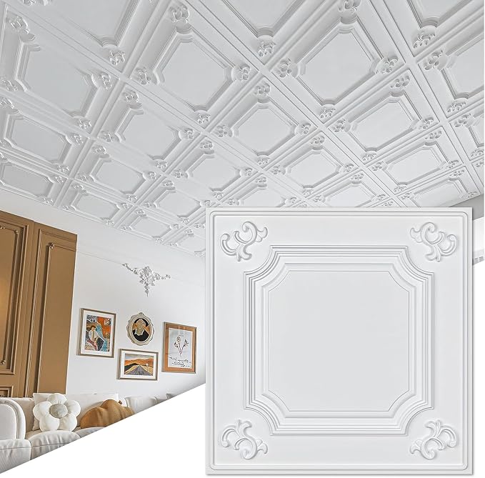 Art3d Drop Ceiling Tiles 24x24,(12-Pack, 48 Sq.ft),Wainscoting Panels Glue Up 2x2, Cloud-White | PVC, Water Resistant, Shatterproof, Fade-Resistant, Compatible with Grid System, Versatile for Living Room, Bedroom & Office