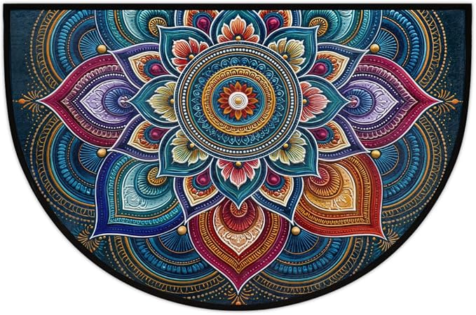 Flower Half Round Door Mat Semi Moon Rug Fireplace Carpet Area Rugs | Colorful Boho Non Slip Absorbent Half Circle Mat Carpet for Indoor Outdoor Patio Kitchen Bathroom Entryway Home Decor