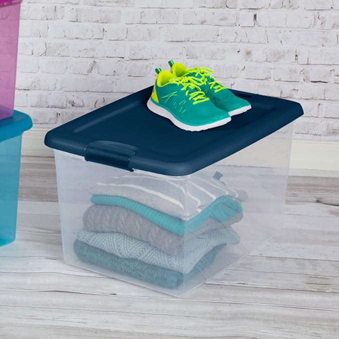 Sterilite Color Program, Large Clear Plastic Storage, 64 Quart, 12-Pack | Clear Bins with Blue Lids - Stackable Organizing Container Boxes for Closet, Bathroom, and Office