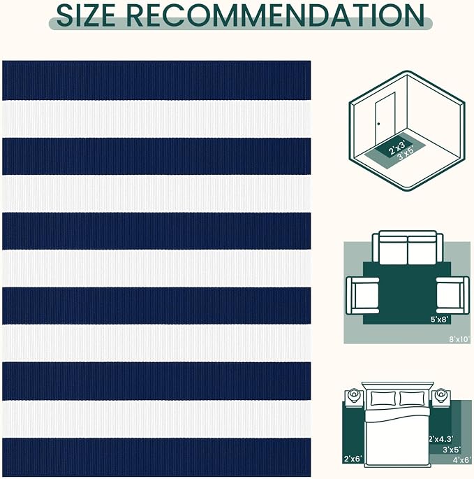 KOZYFLY Striped Rug 3x5 Front Door Rugs Blue White Cotton Woven Washable Indoor Outdoor Rug Entrance Doormat for Front Porch Kitchen Patio Decor Outdoor Mat