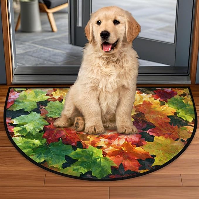 Autumn Half Round Door Mat Welcome Entrance Mat Bath Bathroom Rug C1 | Autumn Fall Maple Leaves Welcome Entrance Mat Anti-Slip Half Moon Bath Mat Semi Circle Rug Indoor Outdoor Kitchen Rug