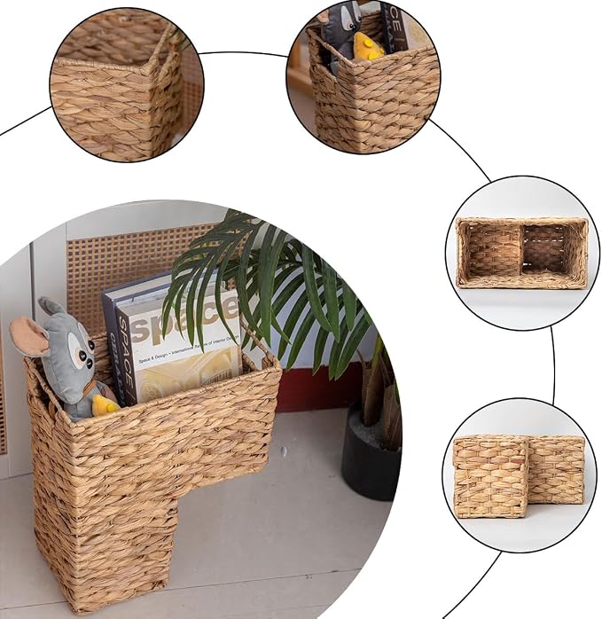 YAHUAN Stair Basket with Handles, Woven Water Hyacinth Stair Baskets for Carpeted Stairs, Stair Storage Basket Staircase Basket for Wooden Stairs (Water Hyacinth)