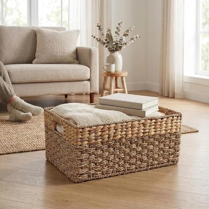 Large Wicker Storage Baskets with Handles, 17 x 11 x 7.5 Inches | Natural Seagrass and Hyacinth, Woven Storage Basket, For Organizing Shelves, Closet, Pantry, Living Room