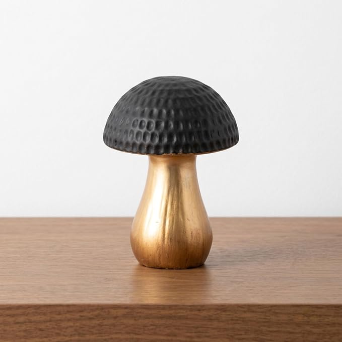 Ceramic Figurine Statue – Sculptural Room Decor Accent, for Shelf, Desk, or Console Placement, Black and Gold Mushroom–Inspired Modern Home Decor Art Design – 7", Black & Gold Finish