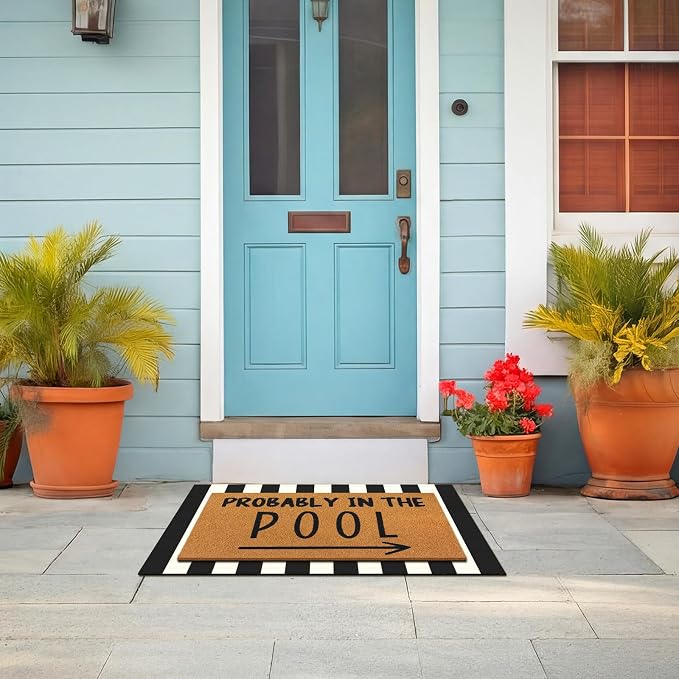 Tinideya 2 Pcs Summer Door Mat Probably in the Pool Welcome Non Slip Coir Mats Floor Layering Black and White Strips Doormats Seasonal for Front Porch Entryway Decor(Pool)