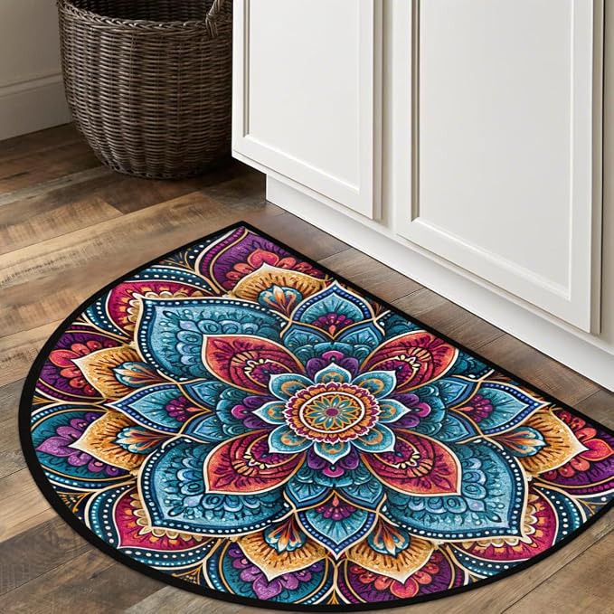 Flower Half Round Door Mat Semi Circle Rug Half Moon Doormat | Soft Washable Colorful Boho Welcome Entrance Mat for Outdoor Indoor Floor Bedroom Bathroom Home Kitchen Festival Decor