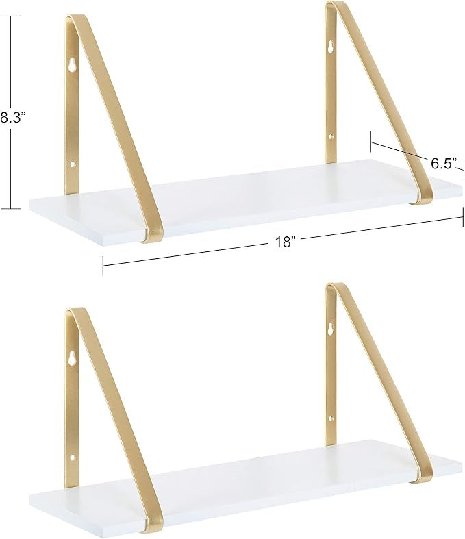 Kate and Laurel Soloman Modern Wooden Shelves, 18 inch, Set of 2, White and Gold, Contemporary Glam Wall Storage and Home Decor