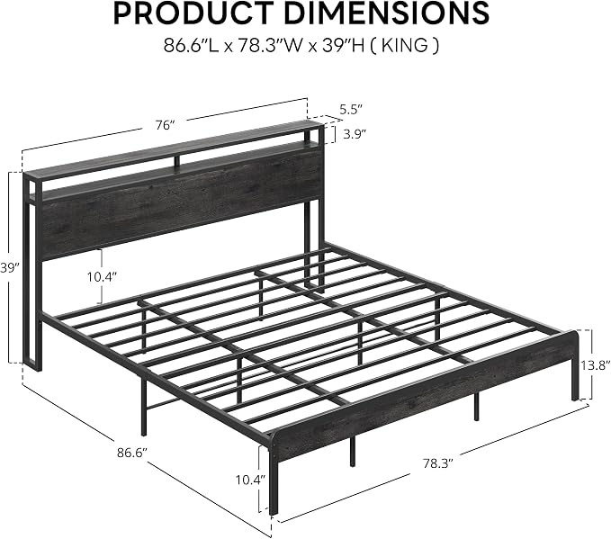 LIKIMIO King Size Bed Frame with 2-Tier Storage Shelf Headboard | Dark Wood Platform Bed, Camas King with Strong Metal Supports, Sturdy, Noise-Free, No Box Spring Needed, Grey