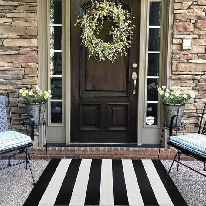 CAINANEL Black and White Striped Outdoor Rug 27.5X 43 inches Front Door Mat Hand-Woven Cotton Indoor/Outdoor for Layered Mats,Welcome Mat, Porch,Farmhouse,Kitchen,Entry Way
