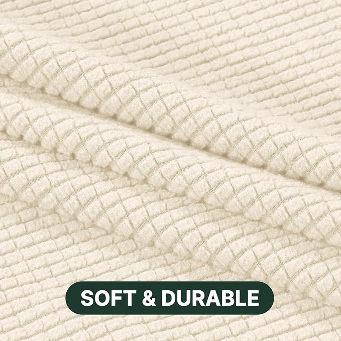 H.VERSAILTEX Stretch 3 Piece T Cushion Sofa Slipcovers Individually Sofa Covers for 3 Cushion Couch Sofa Seat Covers with Elastic Bands Featuring Thicker Jacquard Fabric, Cream