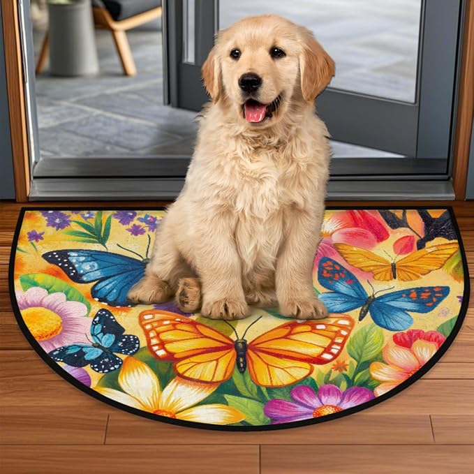 Butterfly Half Round Doormat Non-Slip Semi Circle Rug Half Moon Mat | Color Flowers Washable Soft Absorbent Indoor Outdoor Entrance Kitchen Bathroom Sink Patio Welcome Fireplace Floor Rug