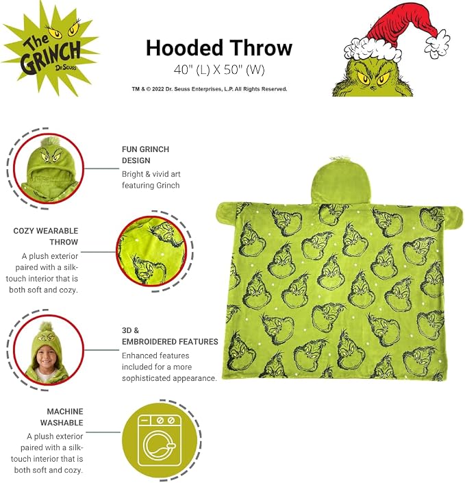 Grinch by Dr. Seuss Hooded Throw - Kids Christmas Bedding Super Soft Throw Blanket - 40 in x 50 in, (Officially Licensed Product) by Franco