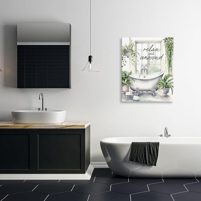 Relax Unwind Bath Foliage Bath, 30 x 40 Inch Canvas Wall Art | Stupell Industries · By Lettered and Lined · Ready to hang · Calm bathroom and bedroom accent · Made in USA