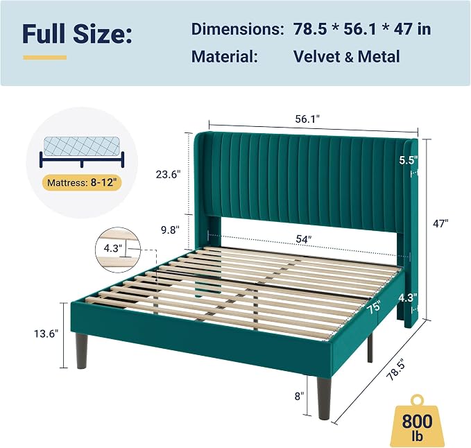 Allewie Full Size Bed Frame/Velvet Upholstered Platform Bed/Vertical Channel Tufted Wingback Headboard/Strong Wooden Slats/No Box Spring Needed/Easy Assembly/Teal