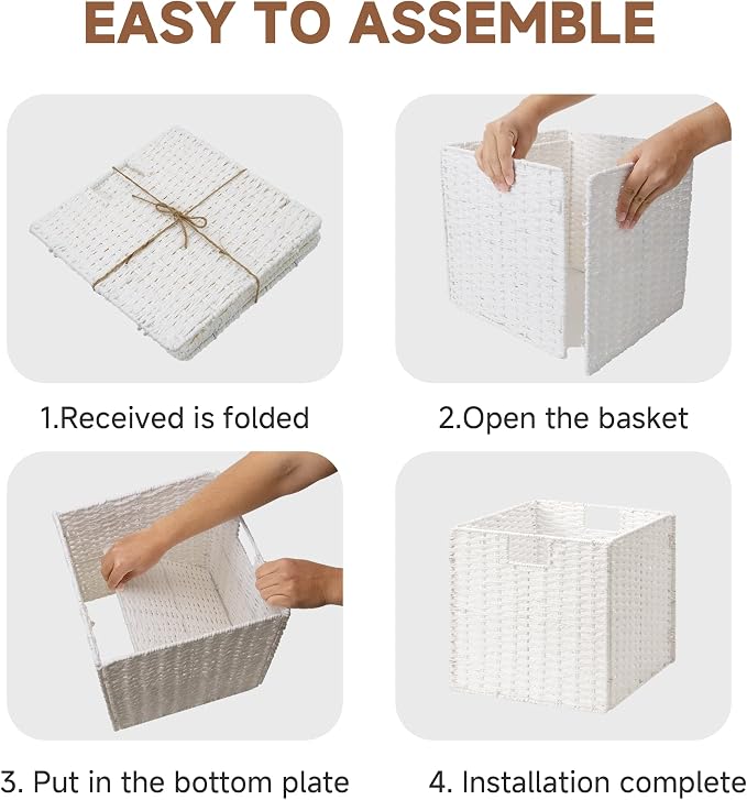 StorageWorks 13 inch Wicker Storage Baskets,White Wicker Baskets,Foldable | 2-Pack,Handwoven Baskets for Organizing,Paper Rope Square Storage Cubes,Organizer Baskets,Wicker Storage Cubes,Square Baskets