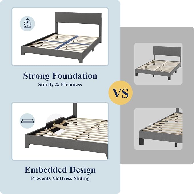 Allewie Queen Size Upholstered Bed Frame Adjustable Headboard, Dark Grey | Platform Bed with Heavy Duty Mattress Foundation, Noise-Free, Easy Assembly, Wood Slat Support, No Box Spring Needed