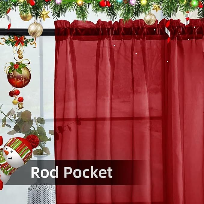 youleyar Solid Sheer Rod Pocket Curtain Voile Draperies 4 Panels White Beige Black Grey Ivory 52 Inch Width 63 Inch Long 1 Pair for Kitchen Bedroom Children Living Room Yard(Christmas Red,52 Wｘ63 L)