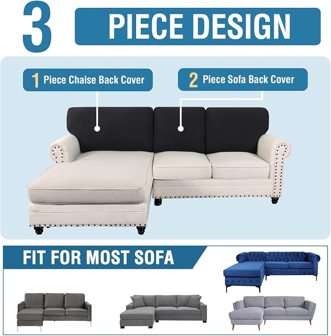 H.VERSAILTEX Backrest Cushion Covers Sectional Couch Back Cushion Covers for Sectional Sofa Set for Both Left/Right Couch (Back Only: 1 Chaise + 2 Sofa, Black)