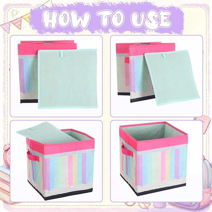 Kathfly 6 Pcs 11" Back to School Pastel Fabric Classroom Storage Bins Cubby Bins Storage Baskets with Handles for School Classroom Lost and Found Decor Office Home Organizer Supplies
