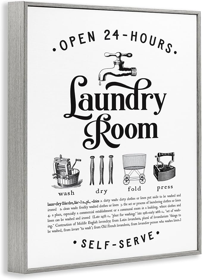 Stupell Industries Vintage Laundry Room Definition Wash Dry Fold, Designed by Lettered and Lined Gray Framed Wall Art, White