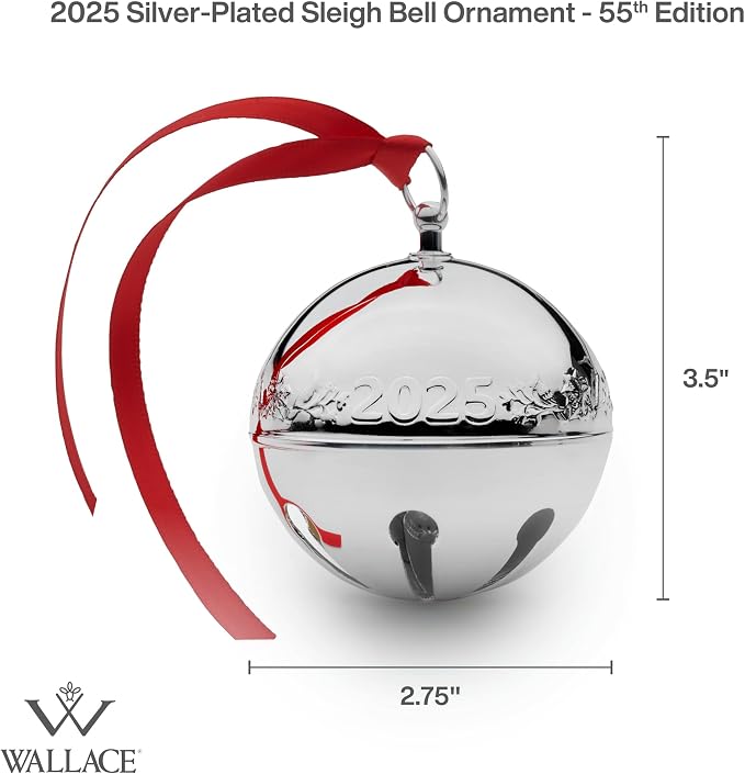 Wallace 2025 Silver-Plated Sleigh Bell Ornament 55th Edition - Cardinals and Poinsettias Holiday Collectible - Handcrafted Annual Christmas Bell with Gift Box