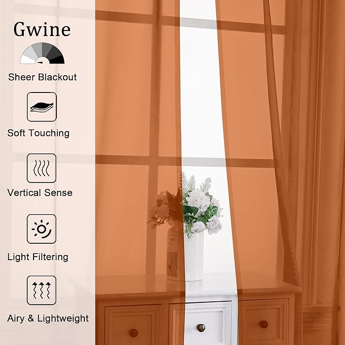 Gwine Burnt Orange Sheer Curtains 84 Inches Long 2 Panels Set - Image 2