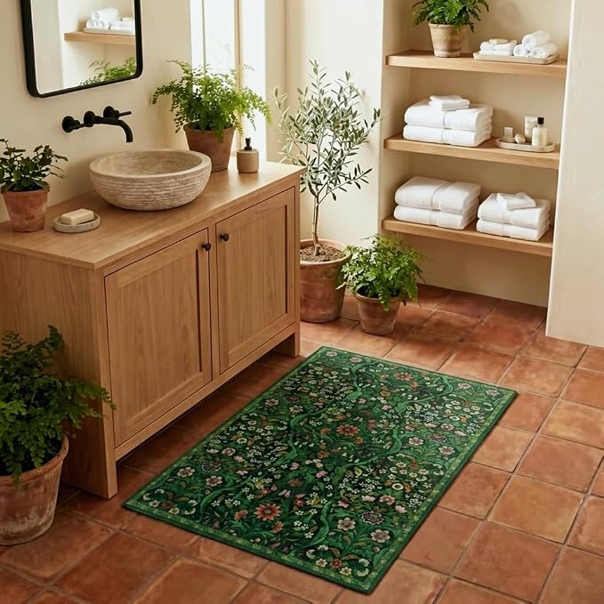 Dark Green Floral Entryway Rug 2x3, Washable Non-Slip Vintage Floral Front Door Mat, Non Slip Ultra Thin Carpet Boho Botanical Print, for Bedroom, Kitchen, Laundry, Indoor Entrance, Home Decor