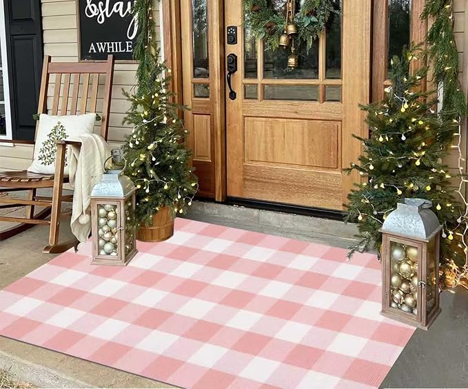 Pink Area Rug 3x5 for Entryway, Checkered Porch Rug, Cotton Washable Throw Rug for Beside Girls' Bedroom, Classroom Kitchen Front Door Indoor Outdoor Entrance