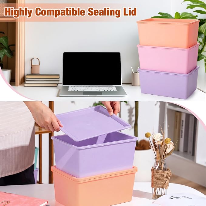Menkxi 6 Pcs Storage Bins with Lids Small Plastic Storage Containers Stackable Storing Baskets Box Cute Organizer Bins for Organizing Shelves (Pink,Purple)